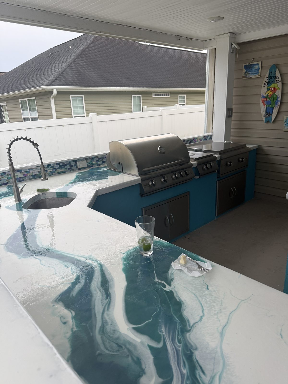Outdoor kitchen epoxy countertop with grill